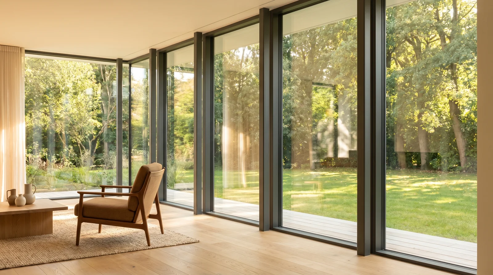 Grande vetrata in alluminio che cancella il confine tra interno e terrazza