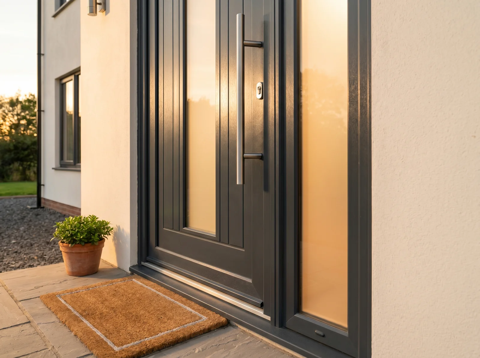 Moderna porta d’ingresso in PVC antracite nella luce calda