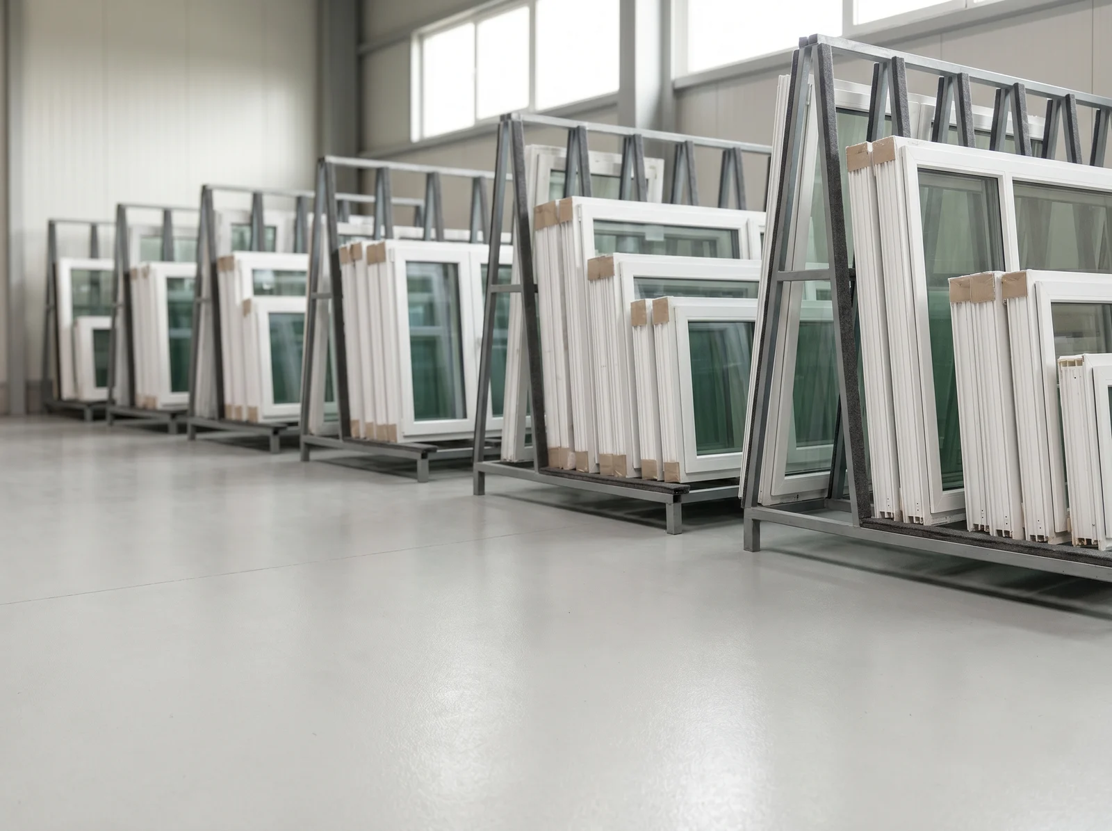 Finestre in PVC su rastrelliere di trasporto nello stabilimento BUDVAR