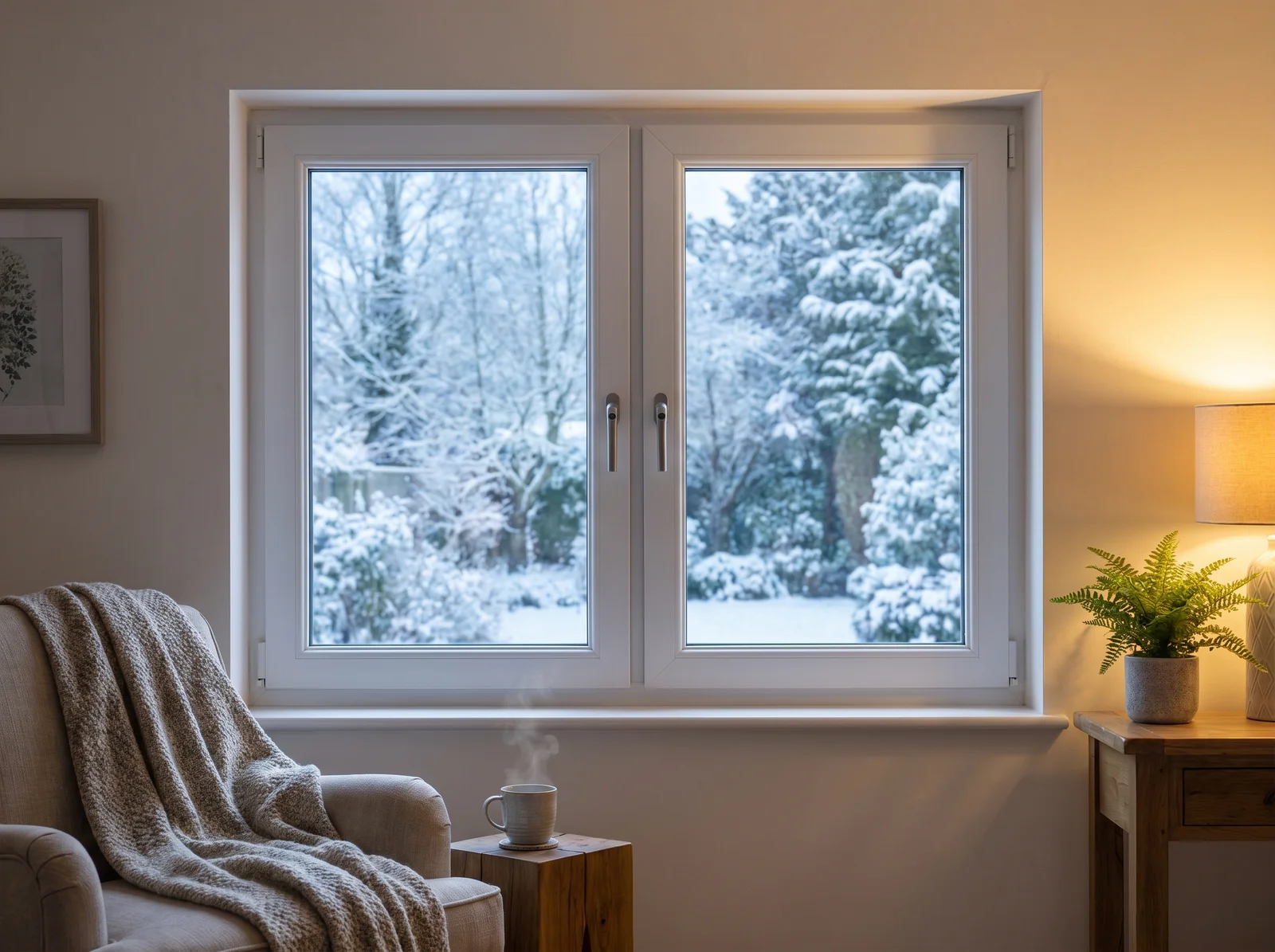 Finestra in PVC bianca in inverno — interno caldo e giardino innevato
