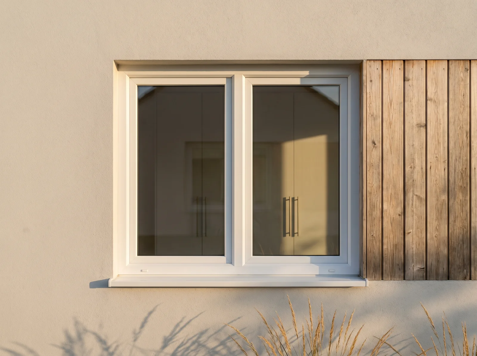 Finestra in PVC bianca a due ante su facciata moderna con doghe in legno