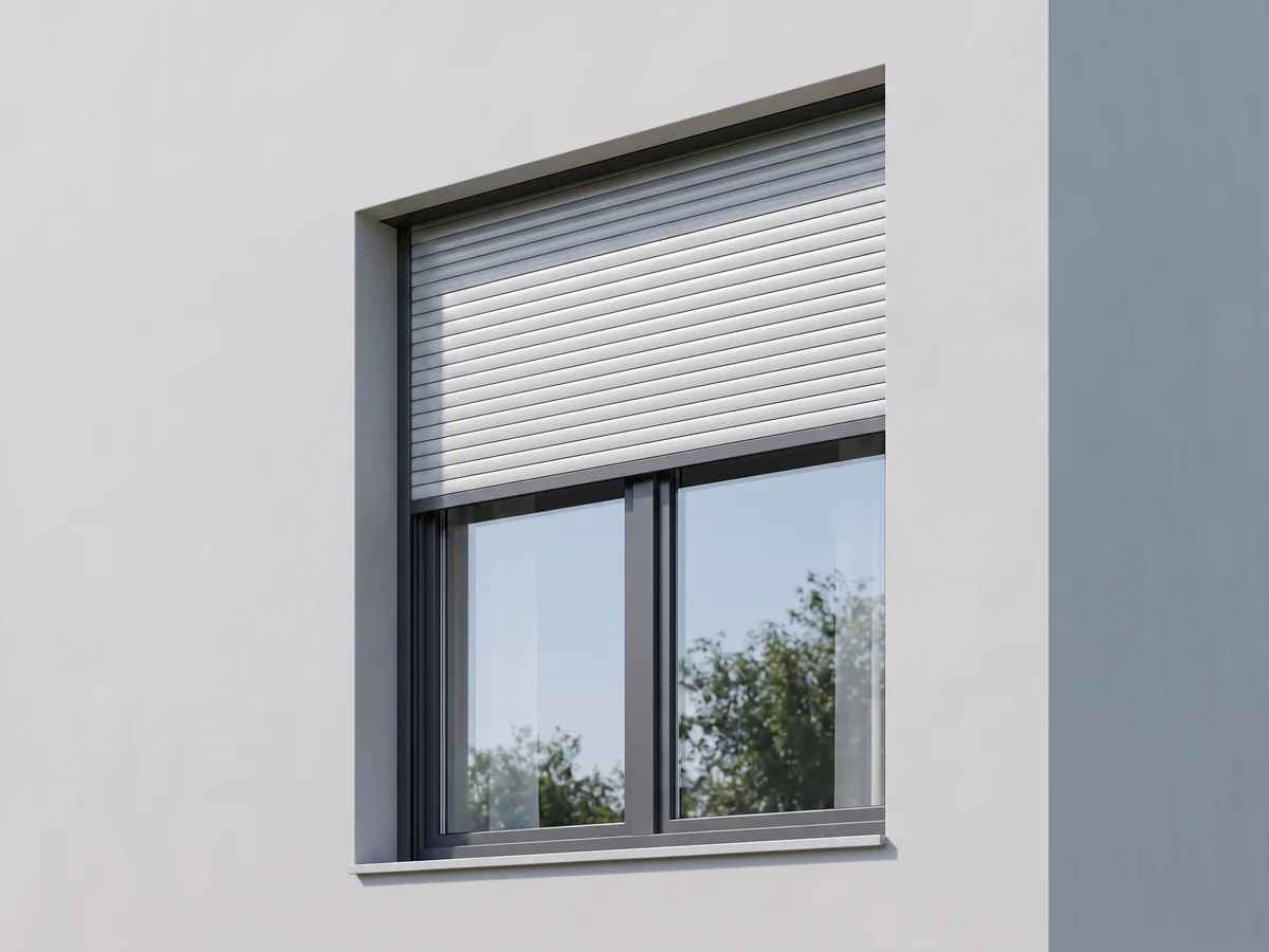 Tapparella sopra-architrave integrata sul telaio di una finestra in PVC bianca
