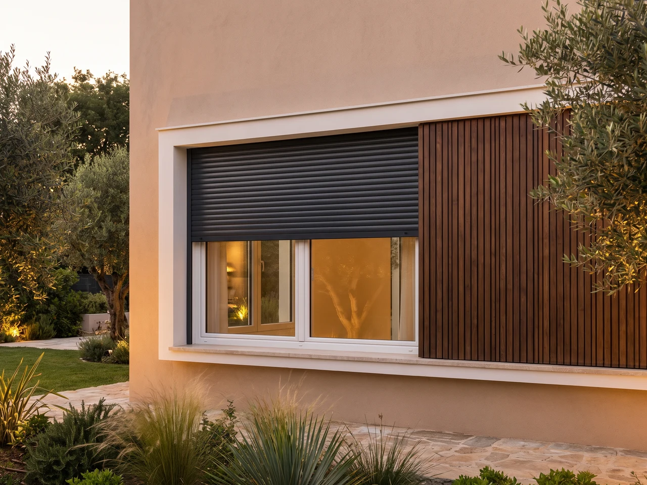 Tapparella sopra-architrave integrata sul telaio di una finestra in PVC bianca