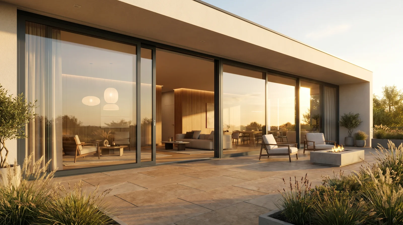 Moderne porte da terrazzo in alluminio che aprono l’interno sul giardino